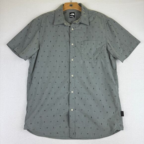 North Face Pursuit Pocket Text Symbols Geometric Gray Mens Medium Button Shirt - Picture 1 of 8